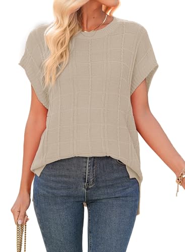 Image of Dokotoo Women's Casual Short Cap Sleeve Knit Tops Summer Loose Crewneck Solid Side Slit Shirts Blouses