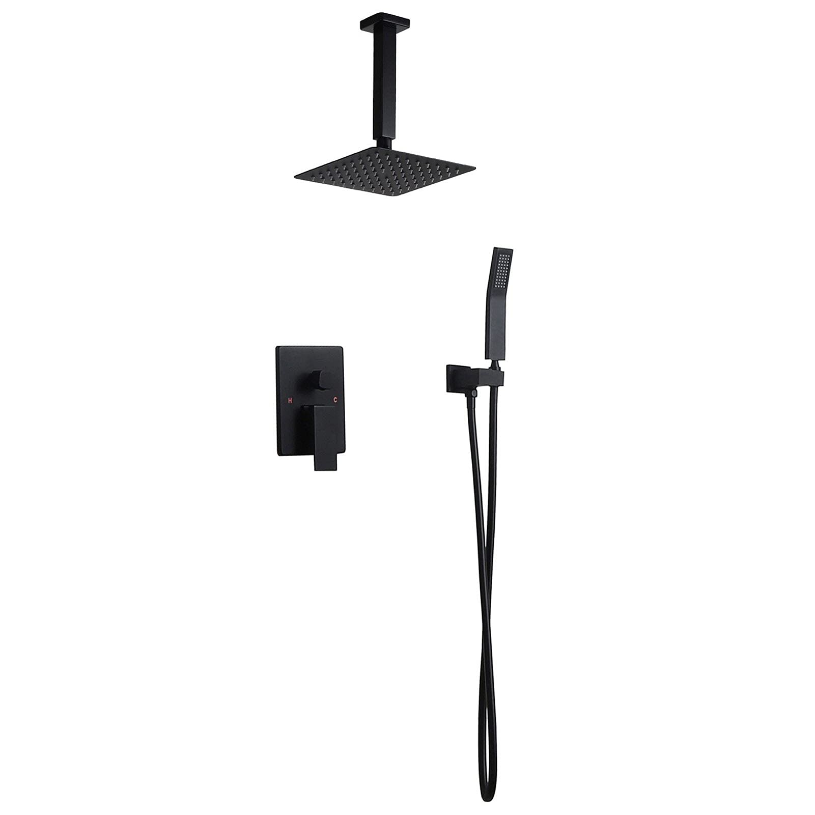 Ensemble de douche plafond noir mat avec pommeau carré ultra-mince 10 pouces