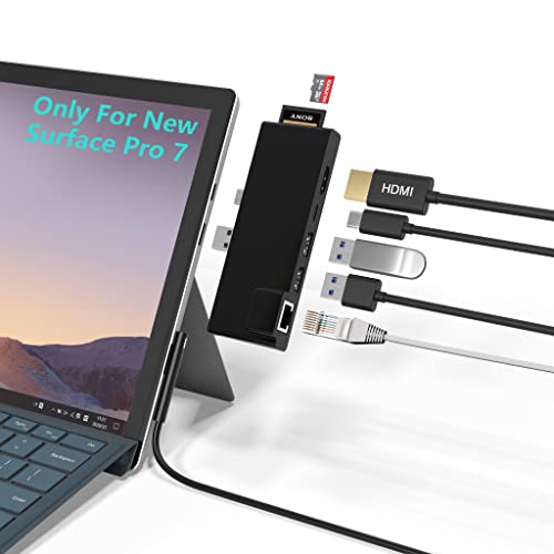 Surface Pro 7 Hub Docking Station with 4K HDMI Adapter+1000M Gigabit Ethernet LAN+ USB C PD Charging +2 Port USB 3.0+SD/TF(Micro SD) Card Reader Converter Combo Adaptor for Microsoft Surface Pro 7