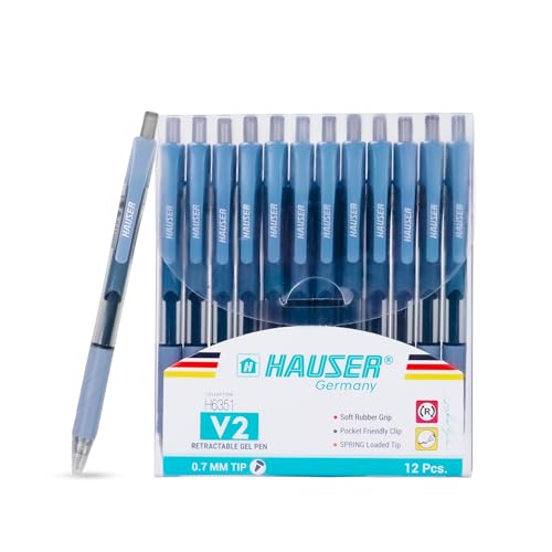 HAUSER V2 Gel Pen, Black Ink, 0.7 mm Tip – Smooth Writing, Retractable Design, Soft Rubber Grip, Pocket-Friendly Clip, 12 Pc Set for Office & School Use