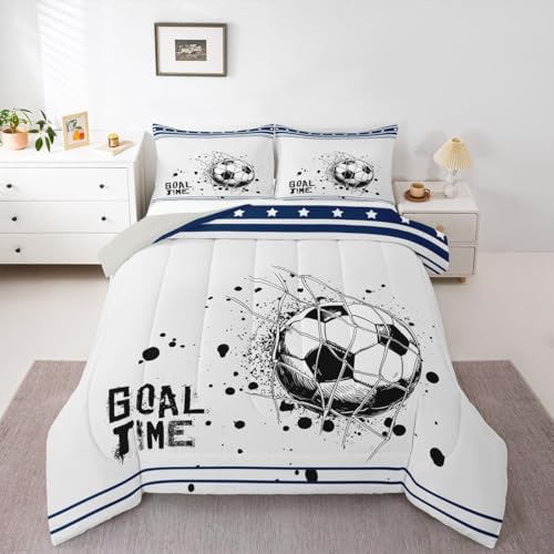 Erosebridal Football City Comforter Set King Size American Soccer Goal Bedding Set for Kids Boys Teens Adult Room, Sports Ball Game Duvet Insert Navy Blue White Stars Striped Quilt