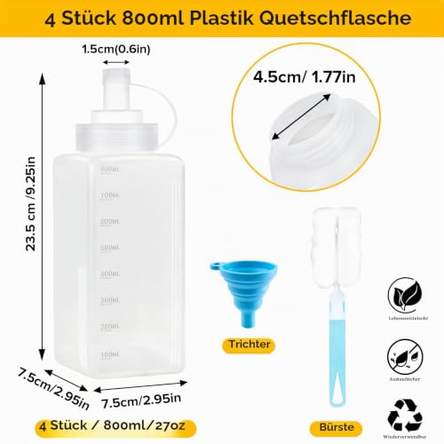 4 Stück Quetschflasche 800ml, Squeeze Flasche mit Kappen, 27oz Breiter Mund Kunststoff Saucenflasche mit Messskala Bürsten und Trichter, Dosierflasche für Ketchup, Öl, BBQ Sauce, Pigment – Bild 2