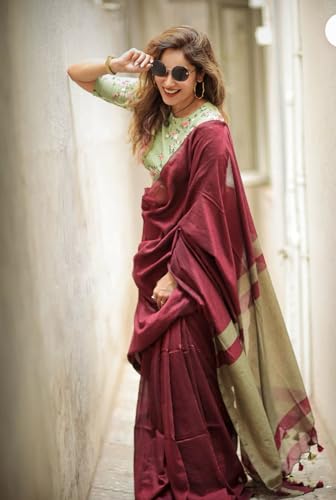 Image of Designer Cotton Saree with Floral Print Blouse, Maroon and Mint Green, Tasseled