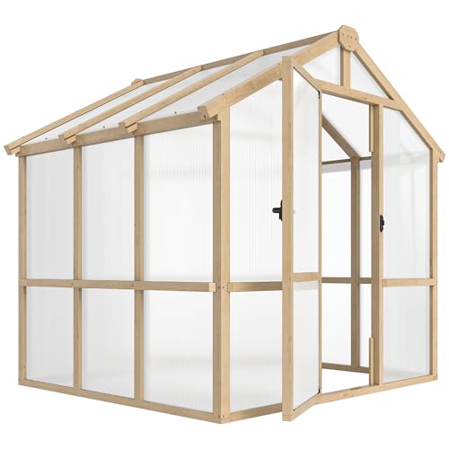 Outsunny 6.6 x 6ft Polycarbonate Greenhouse Walk-in Wooden Greenhouse with Lockable Door and Window Garden Plants Grow House Brown