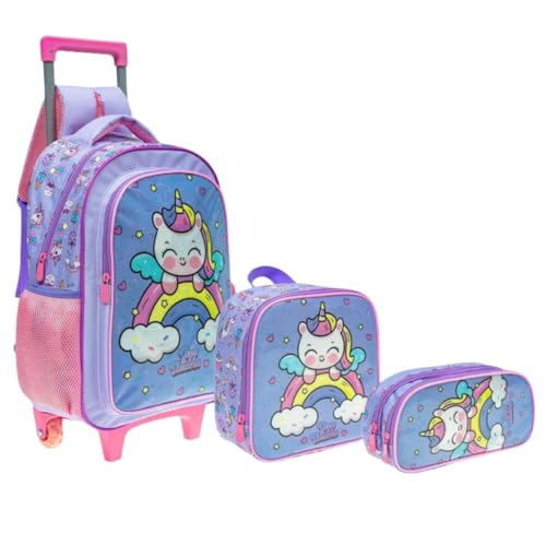 Kit Mochila Infantil Unicórnio com Rodinhas, Lancheira e Estojo, Lilás