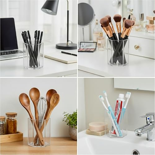 Image of Acrylic Pen Holder for Desk | Hexagonal Cute Pen Holder | Multipurpose Clear Acrylic Makeup Organizers, Clear Toothbrush Holder Cups & Pencil Cups for Classroom, Office Desk Accessories