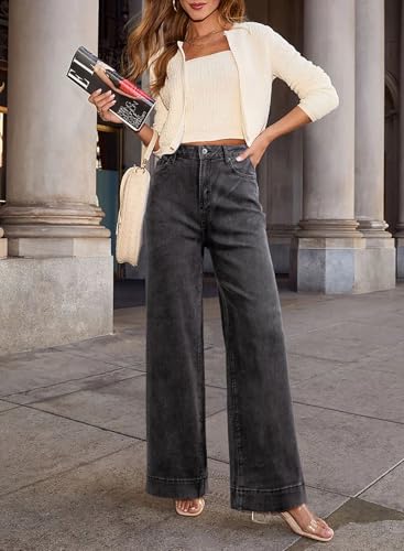 Image of Dokotoo Women's Casual High Waisted Jeans Stretch Wide Leg Loose Denim Pant