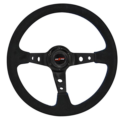 AJP Distributors Universal Replacement 350mm Deep Dish Suede Wrapped Blue Stitching Steering Wheel Black With Godsnow Horn Button