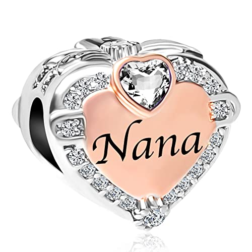 Image of Two-tone Family Rose Gold Love Heart Charm fits Pandora Charms Moments Bracelets Clear Cubic Zirconia Birthstones