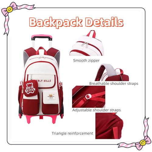 ZHANAO Color-blocking Rolling Backpack for Girls,Kawaii School Bag with Wheels,Trolley Bookbags for Primary Students3