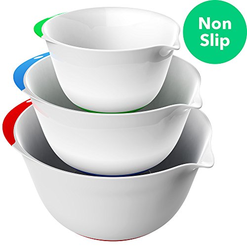 Vremi 3 Piece Plastic Mixing Bowl Set - Nesting Mixing Bowl With Rubber Grip Handles Easy Pour Spout And Non Slip Bottom - Three Sizes Small Large Capacity For Kitchen Baking Or Salad - White Multi #TOP1