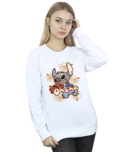 Disney Women'S Lilo And Stitch Ohana Orange Hibiscus Sweatshirt White Small