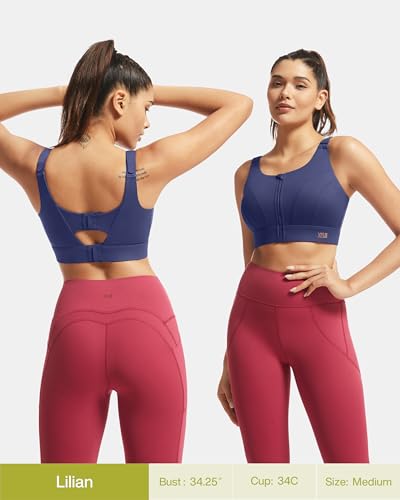 Image of High Impact Sports Bras for Women Adjustable Zip Front Full Coverage and Lift Padded Compression Bra (Large, Navy New)