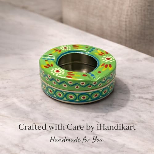 Image of iHandikart Handpainted Ash Tray 4x2 Inch | Metal Ashtray for Home, Table & Car Use | Multicolour Decorative Ashtray | Handmade Smoking Accessories for Indoor & Outdoor Use (Green)