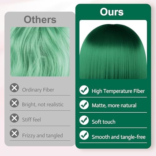 Image of MEEZY Dark Green Short Bob Wigs Straight Hair with Flat Bangs Heart Sunglasses for Women, Colorful Funny Cosplay Party Neon Wig Synthetic Natural As Real Carnival Halloween Costume