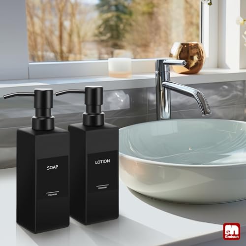 Image of GMISUN Black Soap Dispenser Bathroom, Glass Hand Soap Dispenser with Stainless Steel Pump, 12 fl oz /350ml Refillable Dish Dispensers for Kitchen, Modern Liquid Lotion Bottles for Bathroom Countertop