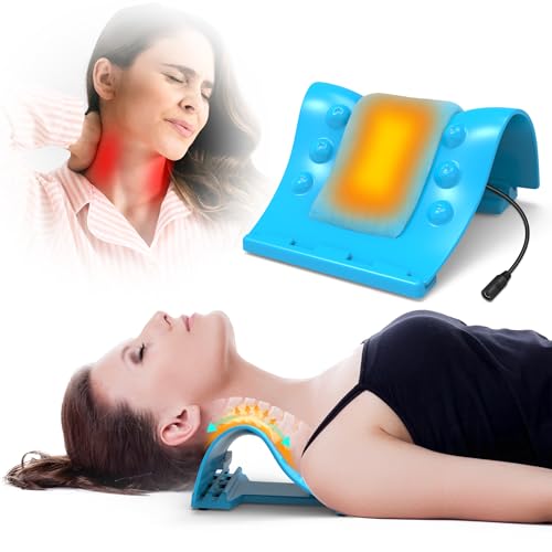 TEMASH Cervical Traction Device - Heated Neck Stretcher for Instant Neck Pain Relief, Tension Headache Reduction, and TMJ Pain Relief, with Cervical Spine Pillow to Correct Neck Hump(Blue)