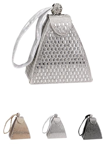 Pyramid Shape Rhinestones Luxury Evening Bags Fashion Evening Handbag Purse Cocktail Engagement Triangle Bag For Party Night (Silver)