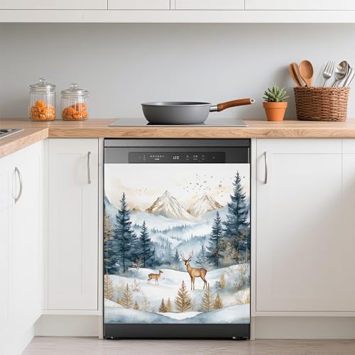 Image of Dishwasher Magnets Decorative Cover,Winter Mountain Refrigerator Magnet Cover,Washable Forest Deer Dishwasher Front Panel Cover Home Kitchen Decoration 23x26 Inch