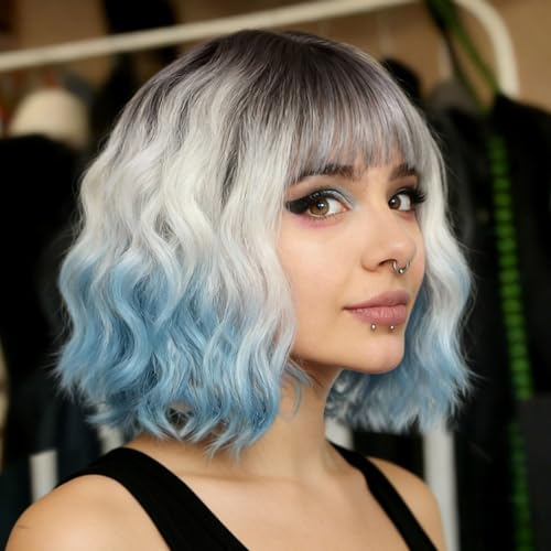 Image of Rose bud Wavy Bob Wig with Bangs Synthetic Natural Wig Short Curly Wigs for Women Thick Ombre Silver to Blue