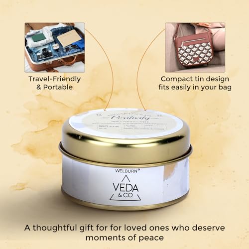 Image of Welburn Veda&Co Scented Wax Candle - Induces Positivity | Aromatherapy Travel Tin Candle for Home Decor & Relaxation | 100% Soy Wax | Long-Lasting 15 Hours Burn Time | 85gm Portable Jar Candle