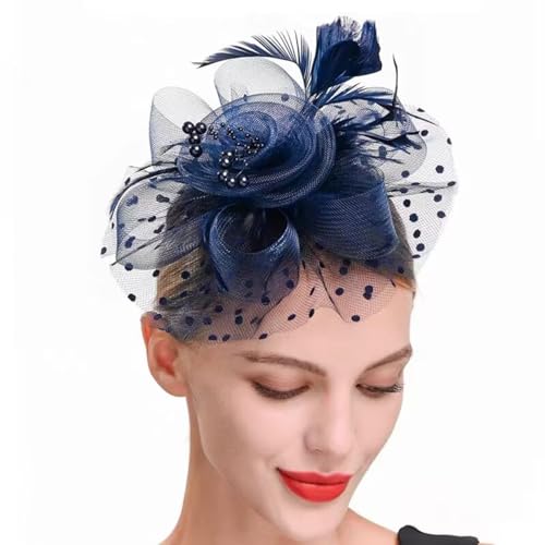 WATEFOER Fascinators Hut für Damen Mädchen Tea Party Stirnband Blume Cocktail Mesh Federn Derby Hut für Hochzeit Party Kirche (DE/NL/SE/PL, Alphanumerisch, Einheitsgröße, Marineblau)