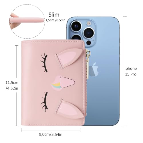 Image of Small Womens Wallet, Cute Bifold RFID Blocking Vegan Wallet for Teen Girls Ladies with Zipper Coin Pocket (Unicorn Pink)