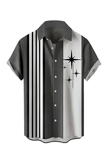 Herren Kurzarm Button Down Bowling Shirts Hawaii Casual Gedruckt Sommer Regular Fit Strand Aloha Shirt, Bowling Geometrische Streifen Grau, XL