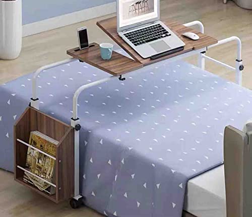 iumLeap Overbed Table with Wheels,Adjustable Bed Mobile Lifting Cross Bed Table Retractable Desktop Laptop Table Nursing Table(Brown L 80CM)