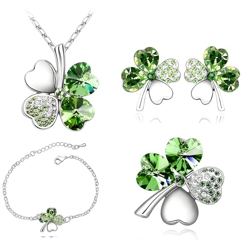 SwirlColor Four Leaf Clover Jewellery Set Clover Bracelet Necklace Earrings Brooch Novelty Lucky Shamrock Jewellery Set for Women/Mother/Daughter/Girlfriend/Wife 4pcs/Set