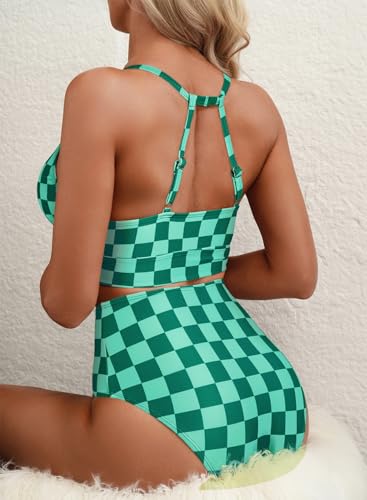 Image of Herseas Women's Bikini Sets High Neck Tropical Leaf Print High Waisted Two Pieces Swimsuits Bathing Suits