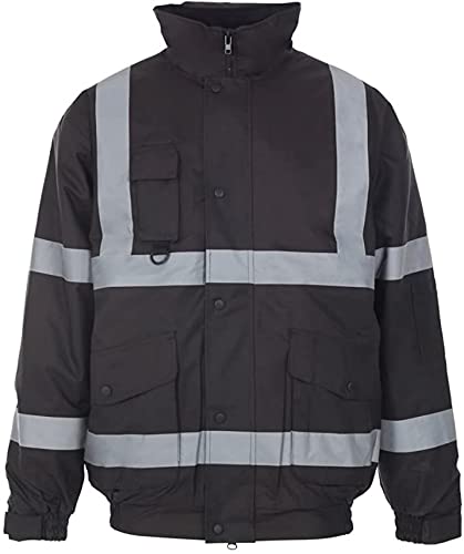 H&F Girl ®Men’s Hi Viz Contractor Bomber Jacket Two Tone Patched Waterproof Storm Jacket Safety Workwear Security Wear Visibility Reflective Tape Warm Work Wear 300D Oxford PU Fabric Jacket Size S-3XL (Small, Black)