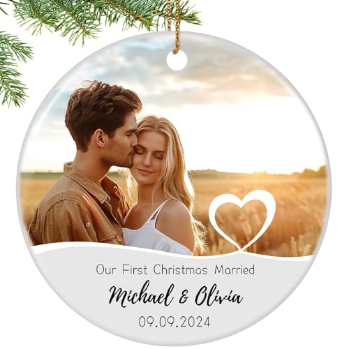 Our First Christmas Married Ornament, Personalized Engaged Ornament 2024, Customized Photo Tree Decoration Gifts for Couples Him Her