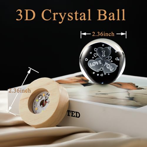 Image of 3D Heart Crystal Ball Lamp with Dimmable LED and Wooden Base, Night Light for Kids Teens Adults, Home Desk Office Bedroom Decor, Birthday Gift (2.4 inch / 6cm)