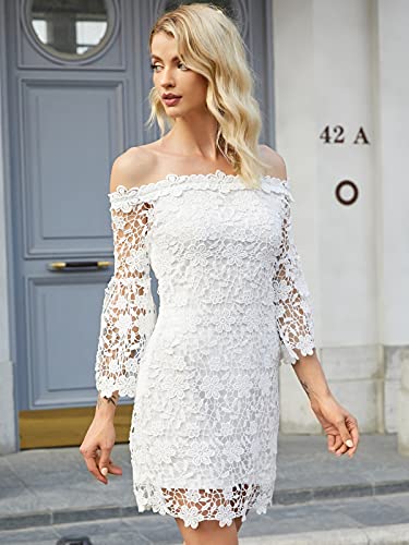 Auxo Women Off The Shoulder Floral Lace Long Sleeve Vintage Cocktail Party Dress White 2XL