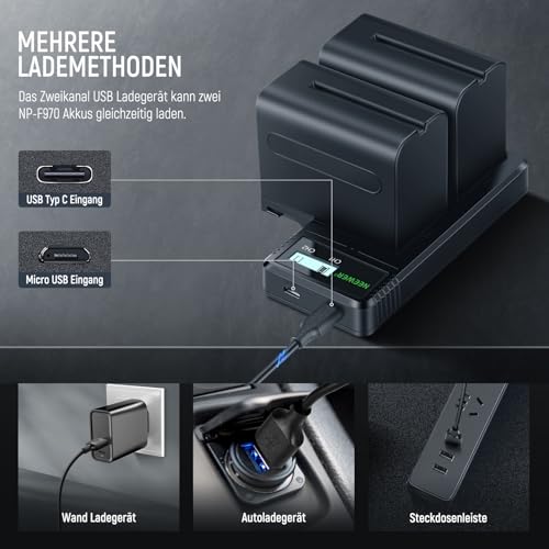 NEEWER NP-F970 Battery Ersatzakku mit LCD Schnellladegerät Dual USB C Akku für Sony FX3/FX30/A7, für Canon R5, für Nikon Z8, Handycam, LED Videoleuchte Monitor, motorisierter Schieber, 2 Stück