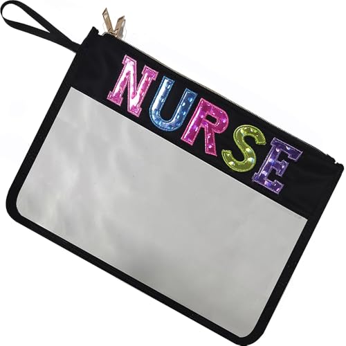 Nurse Letter Bags Clear Makeup Bag, Nurse Gift Cosmetic Bag for Travel Zipper Pouch with Handle Nurse Accessories, Nylon & PVC Waterproof Toiletry Organizer Bag for Women Girls Gift (Black Nurse)