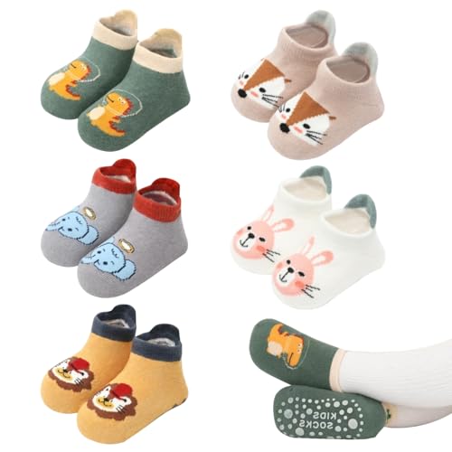 Mokaskaidj Calcetines Antideslizantes Bebe, 5 Pares Calcetines Bebé con Estampado Animal, Tobilleros Bajos Antideslizantes Algodón Bebe Termicos Animados para Bebé Niñas Niños(M)