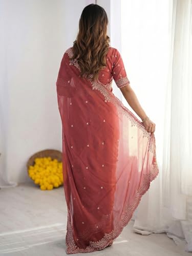 Image of SIRIL Women's Shimmer Georgette Scalloped Border Sequins Embroidery Saree with Unstitched Blouse Piece