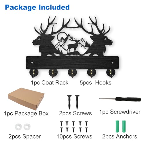 MAYJOYDIY Deer Mountain Forest Coat Hooks, Wall Mounted 30x20cm Black Wooden Deer Key Holder with 5 Alloy Hooks - Image 3