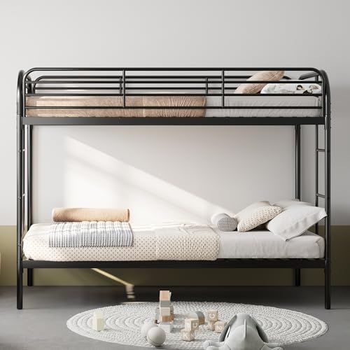 Beuiosda Bunk Bed Twin Over Twin for Kids, Bunk Beds with 2 Ladders and Full-Length Guardrai, Metal Twin Bunk Beds with Space Saving Furniture for Bedroom Dorm, Easy Assembly (Black)
