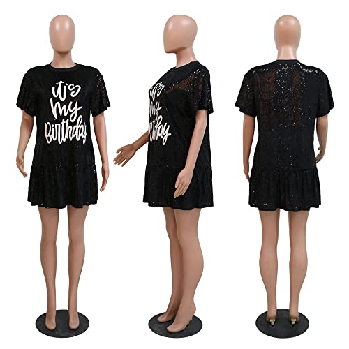 ENOPINK Womens Sequin Glitter Shirt Dress - Sexy Floral Letter Print 3/4 Sleeve Mini Dresses for Party Club3
