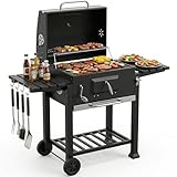 Barbecue Grill, Outdoor XXL Portable Charcoal BBQ Smoker with 2 Foldable Side Tables, Built-in Thermometer, Adjustable Charcoal Pan, Wheels, Warming Rack for Outdoor Home Garden Party Patio Cooking
