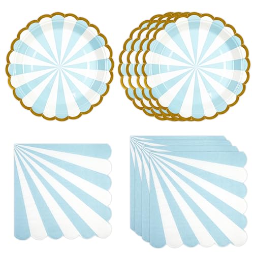 DHAIQC Lot de 50 Vaisselle Jetable Anniversaire, Bleu Rayées Assiettes en Carton et Serviettes Festonnées pour Barbecue Anniversaire Enfants Fête...
