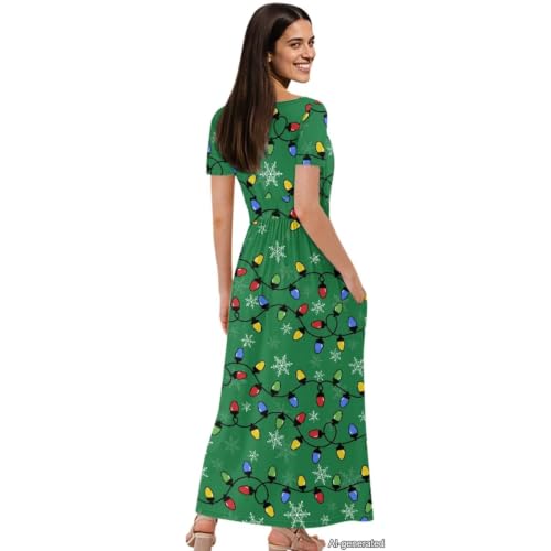 Image of Women's Fall Summer Short Sleeve Ankle Length V-Neck Party Dress with Pockets Size S-3XL
