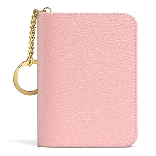 Image of Aiawoxc Credit Card Holder for Women, Small RFID Wallet Slim Leather Business Card Organizer Case with Zipper and Keychain, Pink