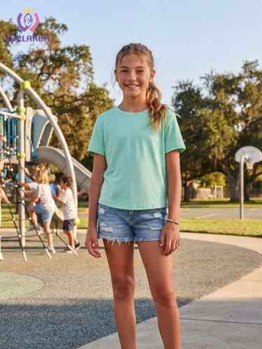 Image of WELAKEN Girls Soft T-Shirt with Curved Hem, Breathable Stretchy Rayon Crewneck Short Sleeve Tees, Kids Everyday Basic Top
