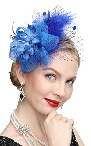 Cizoe Women's Fascinators Hat Hair Clip Feather Wedding Headware Bridal 1920s Headpiece(1-Royal Blue)
