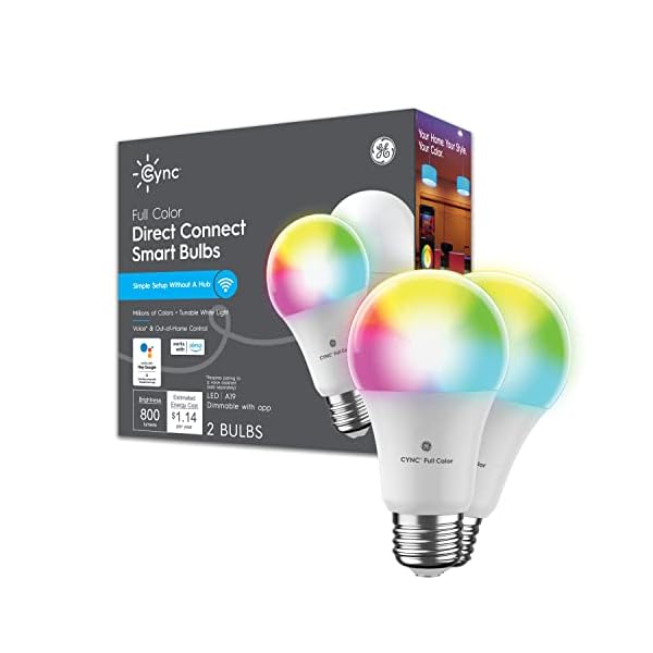 GE CYNC A19 Smart LED Light Bulbs, Color Changing Room Décor, Bluetooth and WiFi Light Bulbs, 60W Equivalent, Work with Amazon Alexa and Google Home (2 Pack)