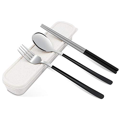 TAECOOOL 3PCS Tragbare Geschirrbox Essstäbchen Löffel Gabel Set Koreanische Essstäbchen Edelstahl Essstäbchen Löffel Gabel für Home Office Schule Camping Outdoor Reisen (Schwarz) Cover